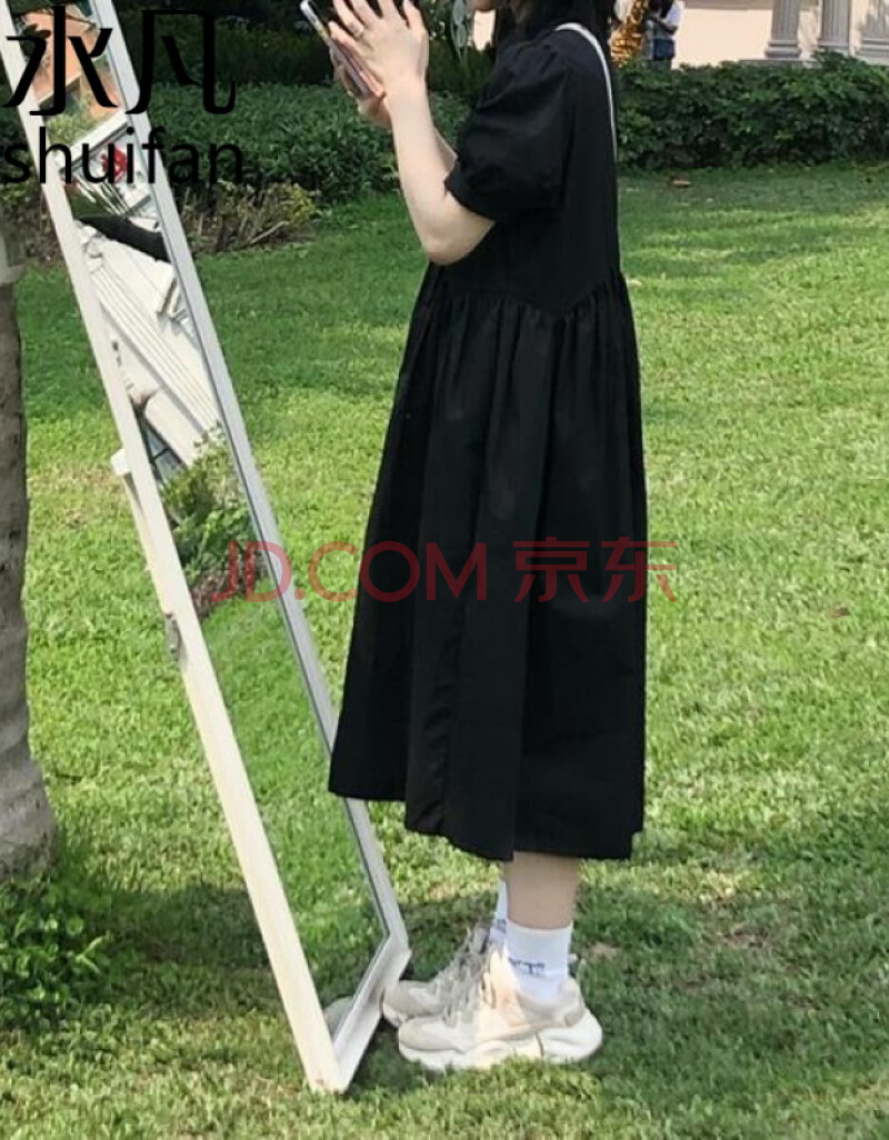 子女学生系带学院风短袖连衣裙女学生日系百搭显瘦中长款a字裙 黑色 l