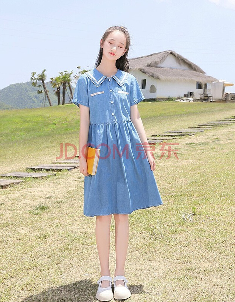 【新品】初中生连衣裙夏装2021新款大童少女高中学生甜美韩版过膝牛仔