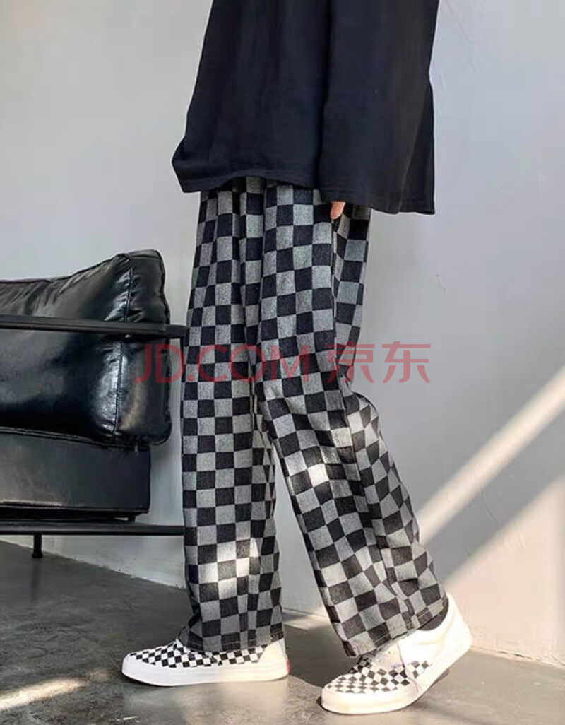 棋盘格子裤子男春秋季直筒宽松牛仔裤潮牌ins高街卫裤chic港味长裤