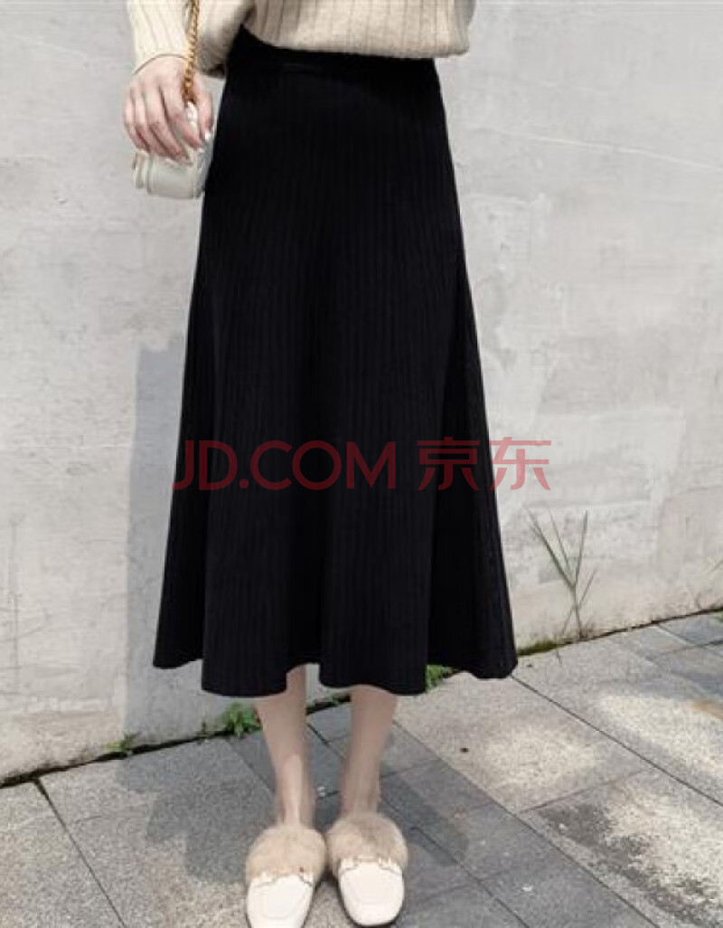 针织半身裙女秋冬季2019中长款高腰黑色显瘦半裙a字百