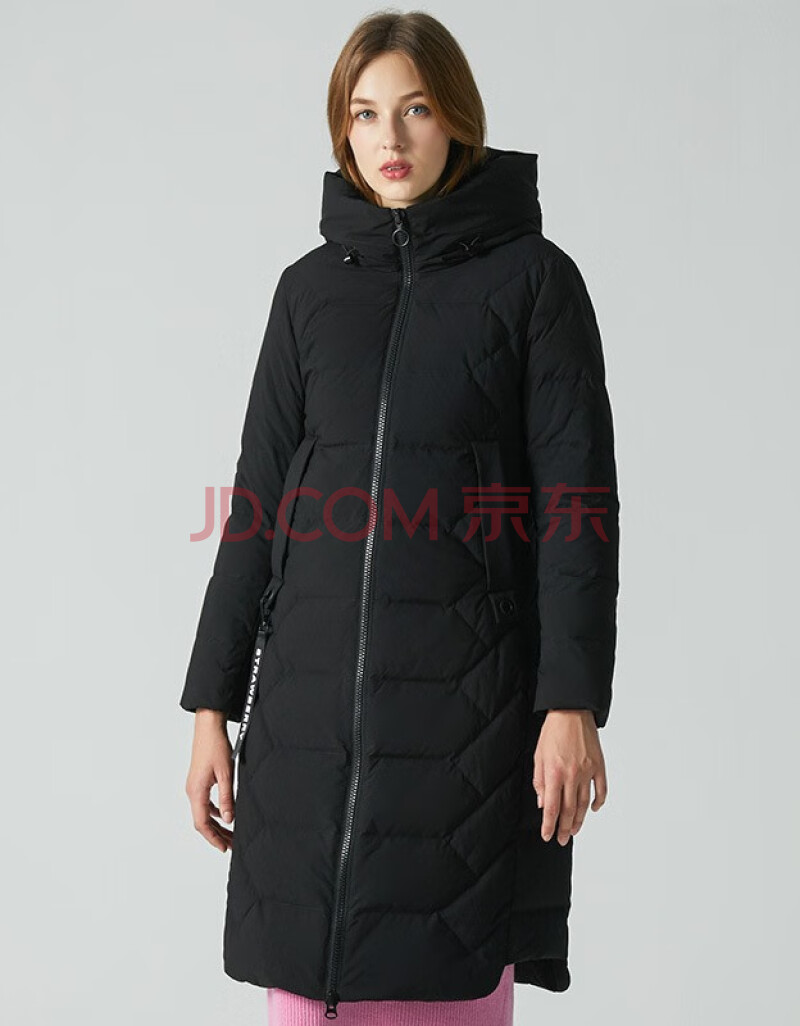 冰洁秋冬新款羽绒服女时尚修身防寒加厚保暖中长款连帽外套黑色8056