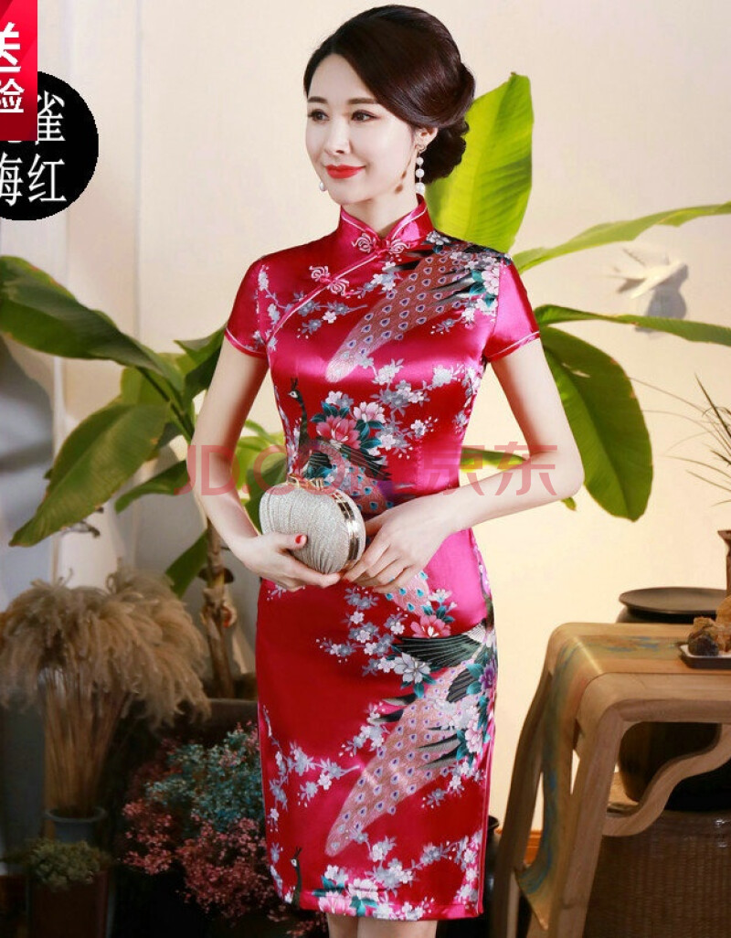 旗袍连衣裙改良复古仿孔雀印花短旗袍走秀礼仪旗袍少女旗袍裙 孔雀梅