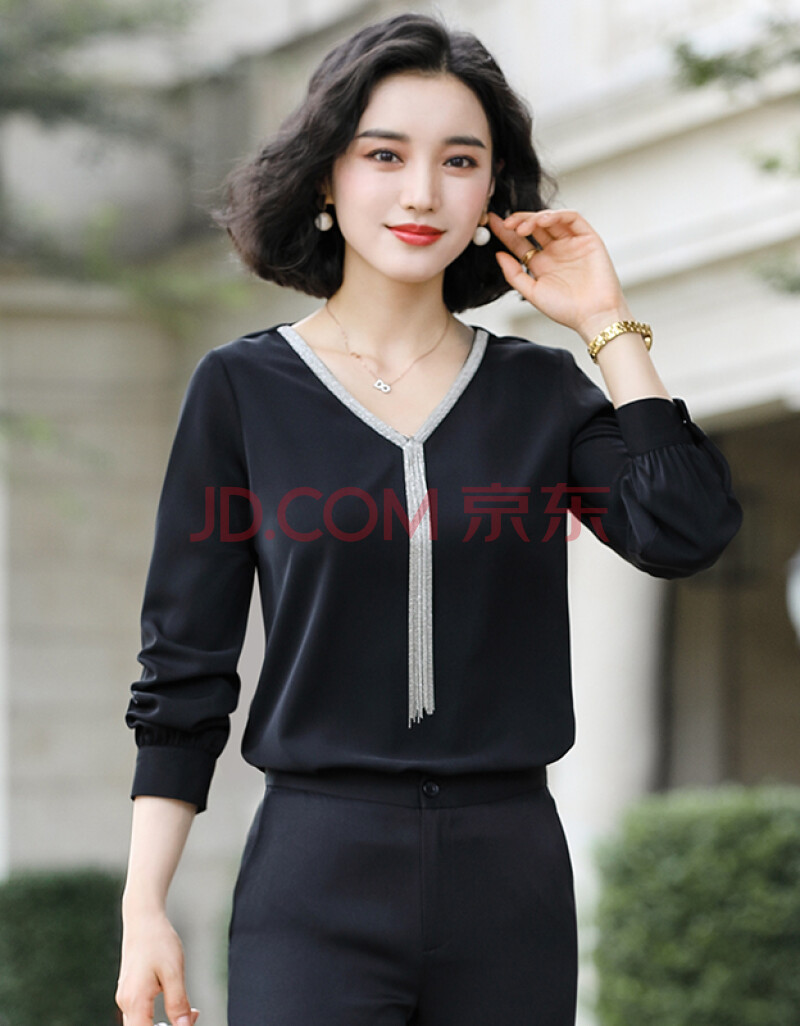2020年新款春季女装上衣显瘦轻熟洋气职业打底衫正装ol衬衣 黑色衬衫