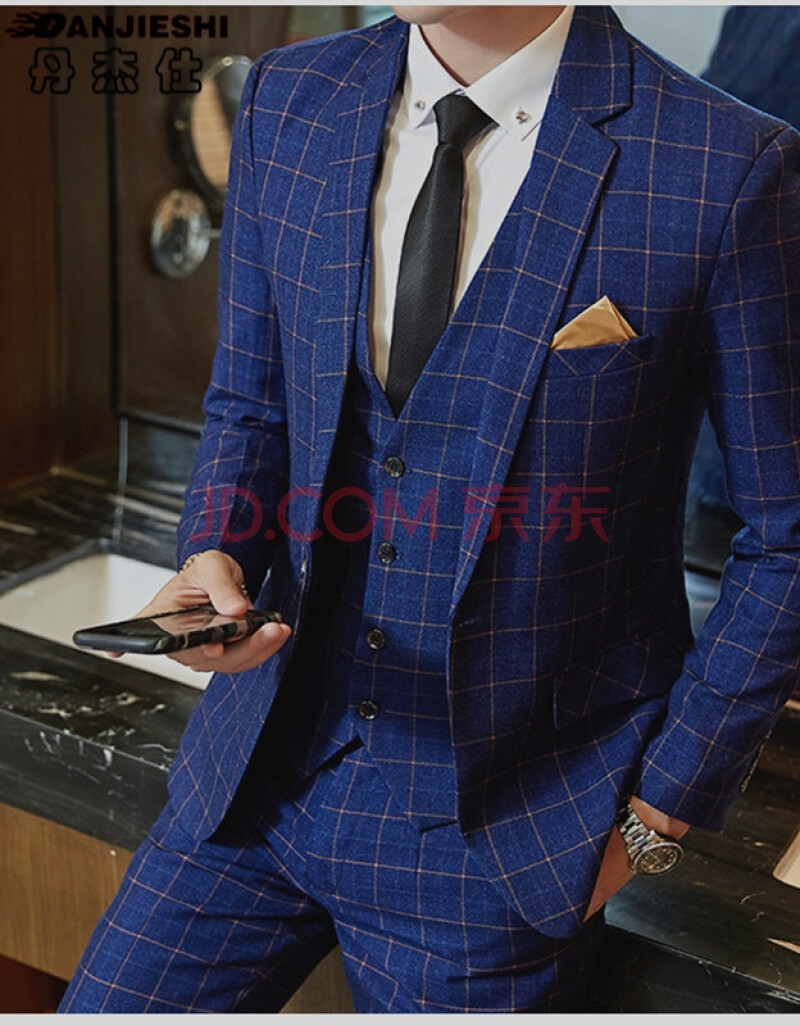 新款男士韩版修身小西服三件套装结婚礼服新郎青年格子休闲英伦西装潮