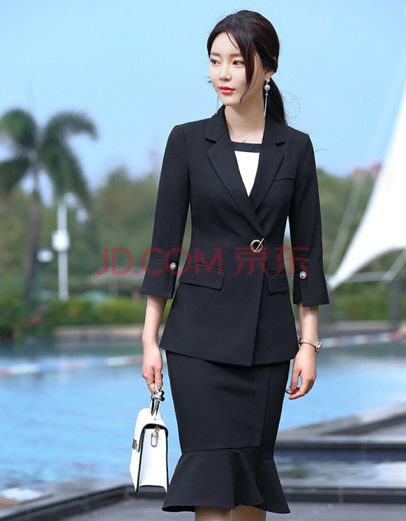 绿色职业套裙高档名媛小香风中袖气质工作服时尚主持人服装鱼尾裙
