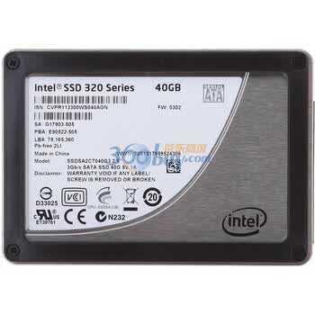英特尔(Intel) 40G SATA 3.0Gb/s 2.5英寸 320系列SSD固态硬盘(SSDSA2CT040G3K5)彩盒包装
