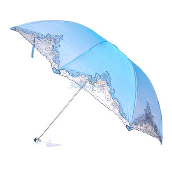 天堂花之心雨防紫外线三折绣花钢伞386E海兰色