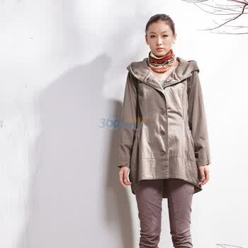 INMAN茵曼女装韩版休闲宽松连帽大码长款全棉外套 W3905 卡其色M