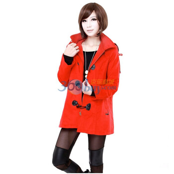 韩宿 保暖外套女冬装韩版修身带帽牛角扣外衣外套31-C019 红色 XL