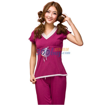 爱帝女士棉莫代尔V领镂空花边短袖长裤家居服9095149311 宫廷红 XXL
