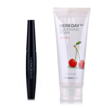 The face shop迪肤适 樱桃洗面奶洁面美白170ml+浓密防水黑杆大肚子睫毛膏 01#7ml