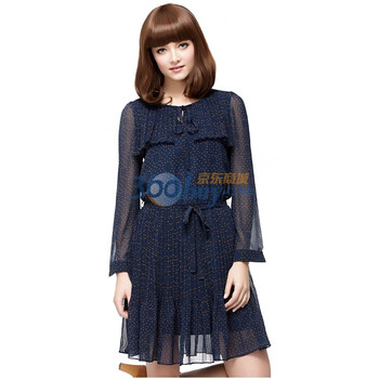 卓欧 TOAIOU 2012春季新款女装波点褶皱雪纺连衣裙F112002 蓝色 XL