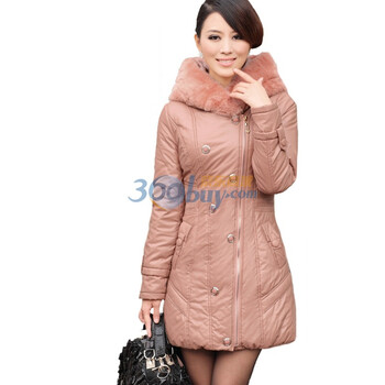 夕昕冬装女装 韩版仿皮料带毛帽子修身保暖棉衣女式棉服1186 粉色 XXL