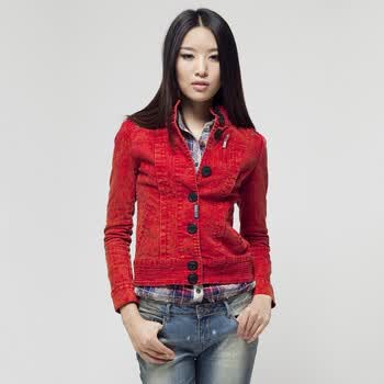 KAMA卡玛 女士立领短款牛仔夹克7311750 红色 XL