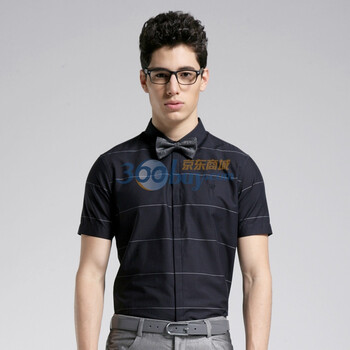夏季新品 GXG 横条修身短袖休闲衬衫#02123246 黑色 XL