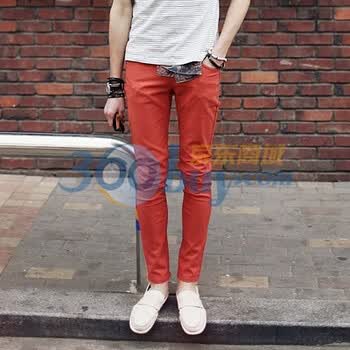 时尚起义 夏装韩国进口百搭糖果色修身休闲长裤 男582954 橘黄色 L