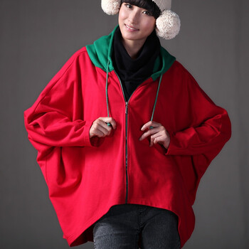 裂帛 2011新 连帽带耳朵 蝙蝠袖不规则摆卫衣 山装2690 红色 L