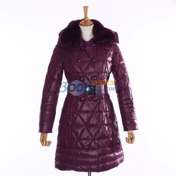 杰奥jieao羽绒服 2011新款女士时尚修身中长款 双排扣带腰带 天然獭兔毛领 款号5966 黑紫红 175/96A(XL)
