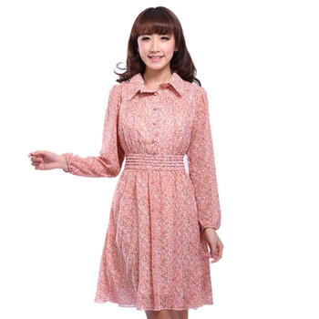 妮蕾迪 2012春装新款小翻领收腰褶皱修身连衣裙3101 浅粉红 XL