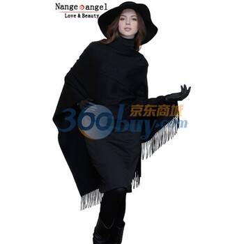 南歌子Nangeangel斯威尔温暖密码纯羊绒长披肩女款围巾 黑色
