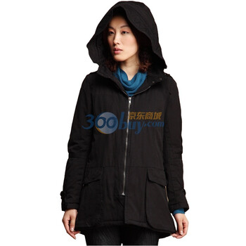 茵曼 INMAN 新款连衣帽长款军装式棉衣 JC20089 黑色 XL