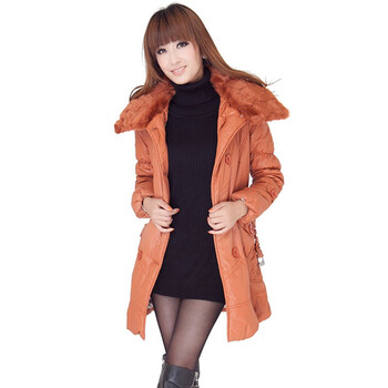 玛丽琨龙 2012冬装新款松紧腰加厚带帽中长款棉袄棉衣女 橘色 XL