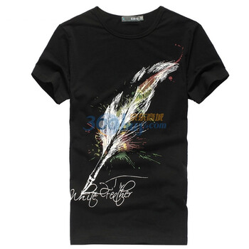 EBG男装2012新款时尚潮流羽毛印花圆领短袖T恤男[1420101] 黑色 XXL