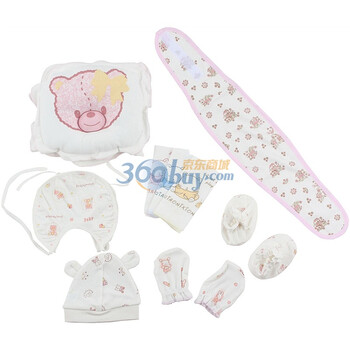 巧尼熊新生儿用品7件套(帽子 手套 脚套 口水巾 手巾 定型枕 肚围) 3299 印粉 52码