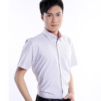 墨森尼男士免烫快干经典牛津纺（短袖）衬衫 撞色领 紫色细条纹 ND012NN12 如图 44