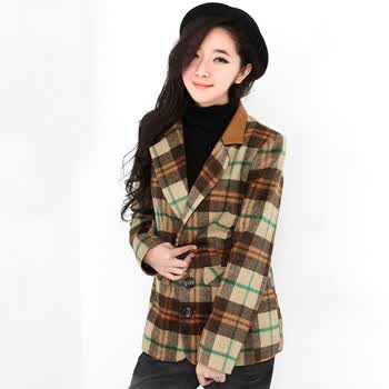 韩都衣舍 韩国外套【春季新品】新年春装女格子修身毛呢外套DQ1616 棕色 M
