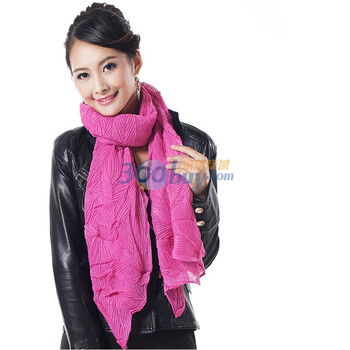 柏汇优品2012春秋新款女士柔棉长围巾BH105501树叶褶皱 玫红色