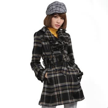 茵佳妮外套女装新品优雅系大翻领花形褶边收腰显瘦毛呢外套5114-1420220 黑色 L