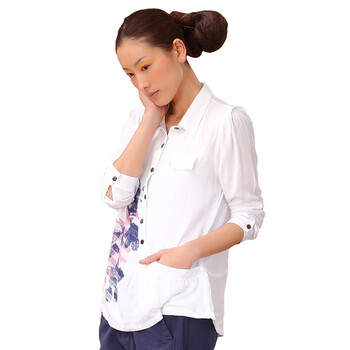 茵曼INMAN 2012春装新款翻领斜插袋印花长袖纯棉女衬衫 821011239 白色 XXL