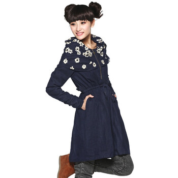 裂帛 2012新款女装 绣花披肩领 长袖风衣 子午香21110015 蓝色 XL