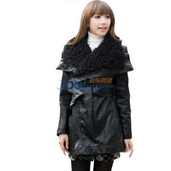 妮蕾迪 冬装新款女装毛领PU皮棉衣外套2188 黑色 XXL