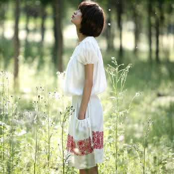 裂帛2011新 绣花抽绳松紧腰 连衣裙 盛夏光年4580 白色 M