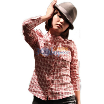 百分之一 女款春装公主风立领女长袖格子衬衫衬衣（C3193） 红格R XL