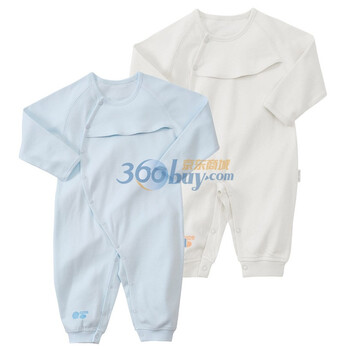 贝贝怡 婴儿连体衣春夏宝宝爬爬服哈衣 幼儿衣服侧开扣加围嘴内衣2件组合装 2J128 米白和淡蓝 18个月/身高86