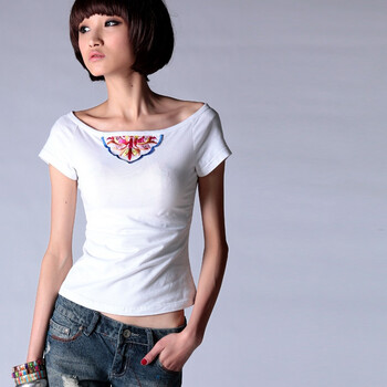裂帛 2011新品 绣花上衣 短袖T恤 女 云深云浅 2086 白色 M