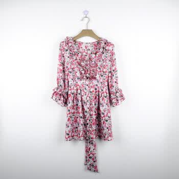 LUVING&TWO 新款春装优雅碎花荷叶边修身连衣裙V1112559 深蓝色 XL