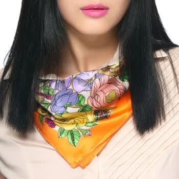 南歌子Nangeangel花语听春100%真丝软缎小方巾春夏新品（10030100406） 橙色
