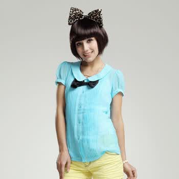 艾夫斯 2012夏装新款女装日韩清新蝴蝶结短袖雪纺衬衫210042320 浅蓝 M