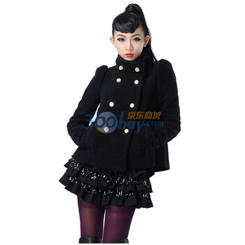 Bessie 2011秋冬装新款女装 立领双排扣羊毛呢短外套ALT027 黑色 XL