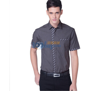 Man Friday男装2012新品 时尚纯棉提花拼色门襟男短袖衬衫 黑白格 44