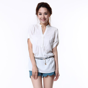 OSA2012夏装新款女装欧莎世家韩版宽松夏季新品复古大码中长款短袖衬衣女士衬衫SC21099 杏色 XL