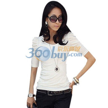 维妮 VINEY 女士修身瑞丽纯棉短袖T恤泡泡短袖72012 白色 均码