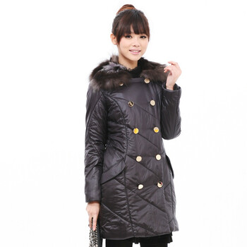 音曲女装 贺新年 冬装新款 毛领长款金属扣棉服大衣 ECDSM051 黑色 XL