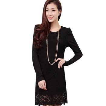 韩都衣舍 韩国连衣裙春季新品新年春装女蕾丝圆领长袖连衣裙JM1188 黑色 M