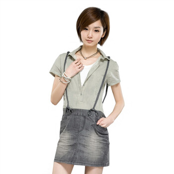 圣迪奥 sdeer 女装夏条纹衬衫牛仔背带连衣裙假两件0281249 灰色 M