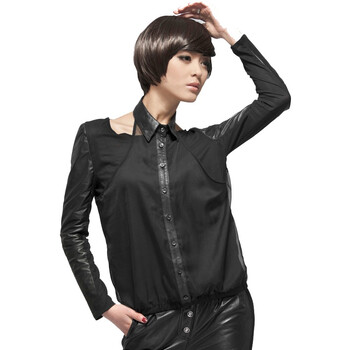 麦克顿春装新品2012衬衫领真皮拼接雪纺长袖假两件套女装w1331 黑色 XXL